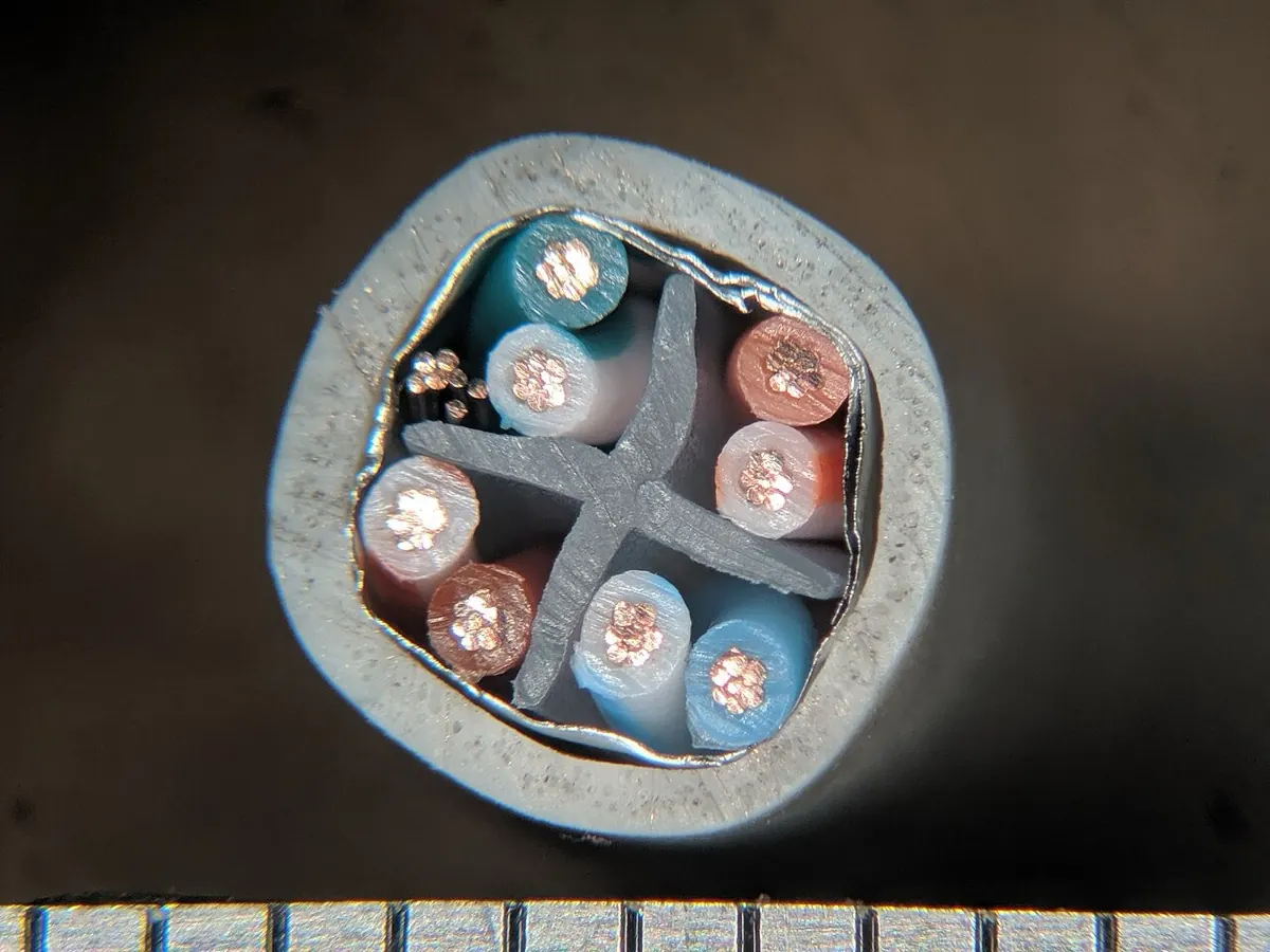 Mặt cắt cáp nhiều đôi dây có lớp lá kim loại chống nhiễu (ảnh minh họa, cáp Cat6)