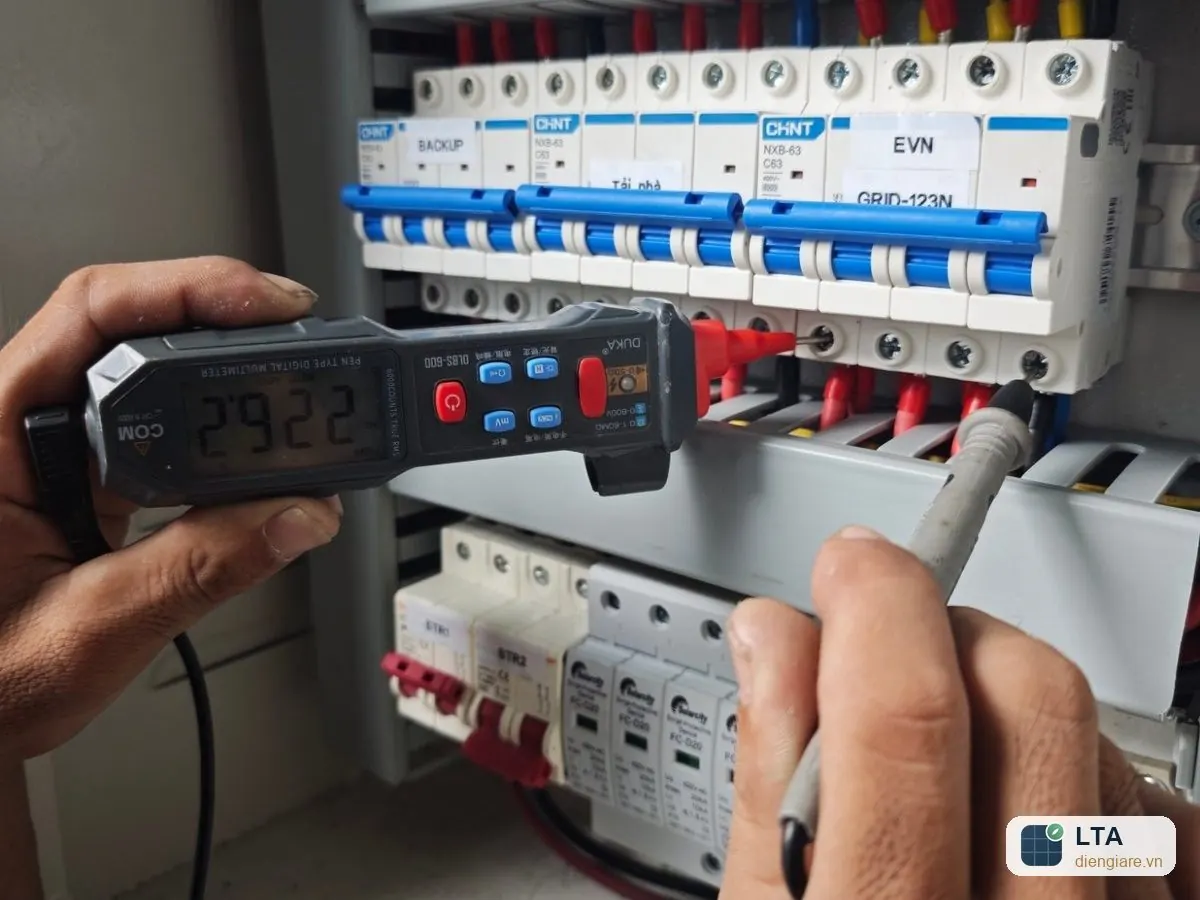 Kỹ thuật viên LTA đo điện áp tủ điện, việc kiểm tra định kỳ giúp phòng cháy điện mặt trời